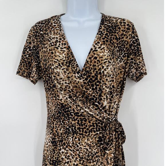 Anne Klein Leopard Faux Wrap Dress 8 Brown Y2K Mob Wife Tie Deep V-Neck Career - Picture 2 of 12